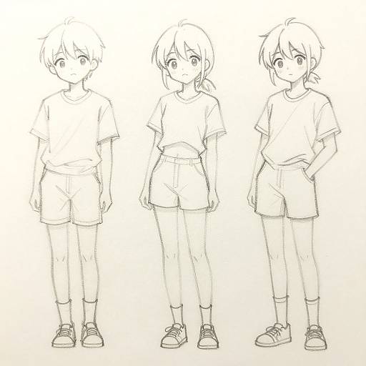 Digital pencil sketch of three anime-style children, standing side by side, wearing T-shirts, shorts, and sneakers, with varying hair and expressions.