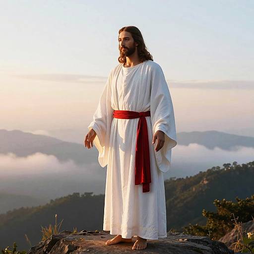 Photograph of a bearded man with long brown hair, wearing a white robe with a red belt, standing on a mountain ledge, looking at a