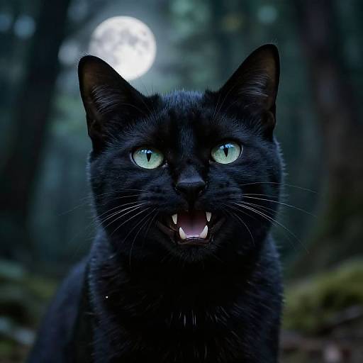 Sleek Black Cat Grinning in Moonlight