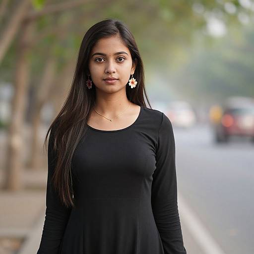 Photograph of a young Indian woman with long black hair, wearing a black long-sleeve dress and floral earrings, standing on a tree-lined street