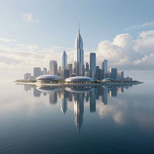 Photograph of a modern city skyline with tall skyscrapers, including a central, pointed spire, reflected in a calm, blue lake.