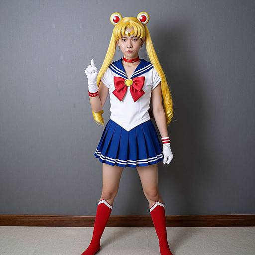 Photograph of a young girl in a Sailor Moon cosplay, standing against a gray wall, wearing a blue skirt, white top, red bow, red