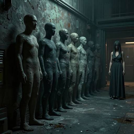 Photorealistic CGI: Dark, moody alley with six shadowy, nude, humanoid figures standing in line. A lone woman in a black dress