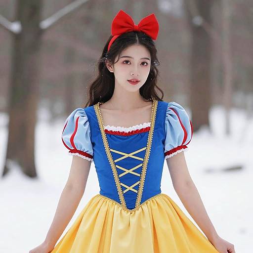 Photograph of an Asian woman dressed as Snow White, wearing a blue bodice, yellow skirt, white puffy sleeves, red ribbon, and red