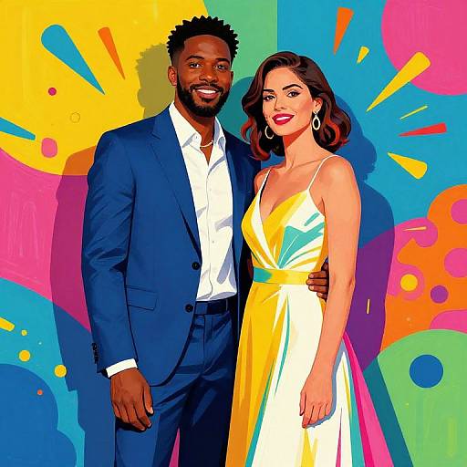 Colorful digital illustration of a smiling black man in a blue suit and a smiling white woman in a yellow dress, standing against a vibrant, abstract background