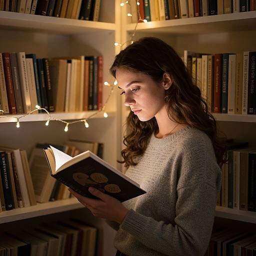 Photograph of a young woman with long brown hair, wearing a gray sweater, reading a book in a warmly lit library with string lights.