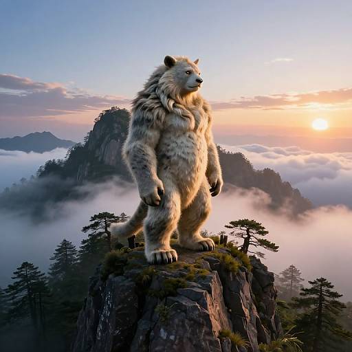Digital art of a massive, white, furry bear standing on a rocky cliff at sunrise, surrounded by misty mountains and pine trees.