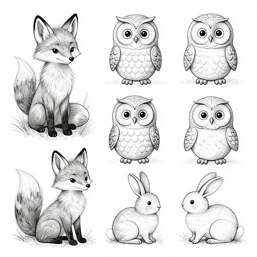 Black-and-white digital drawing of six animals: two foxes, three owls, and two rabbits, each with detailed, cute, cartoon-like features