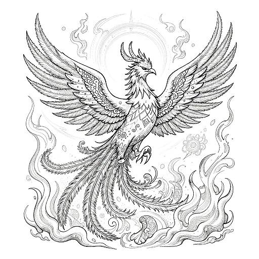 Celestial Phoenix Fantasy Line Art
