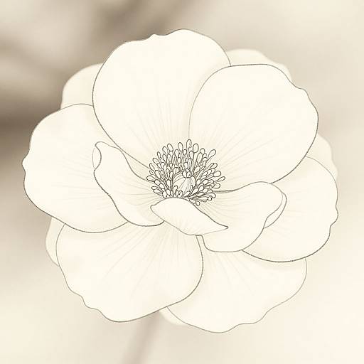 Black-and-white line drawing of a detailed flower with multiple petals and a central stamen, set against a blurred, beige background.
