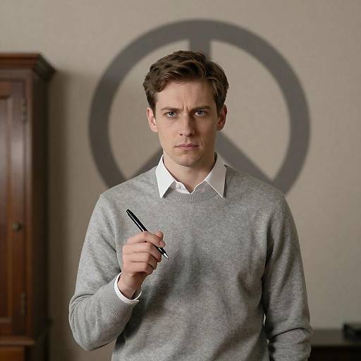 Man Holding Pen with Intense Expression Indoors