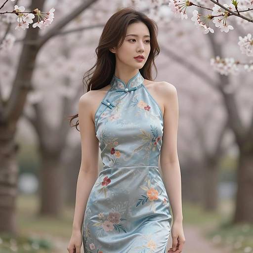 Asian Woman in Blue Floral Halter Dress in Cherry Blossom Forest