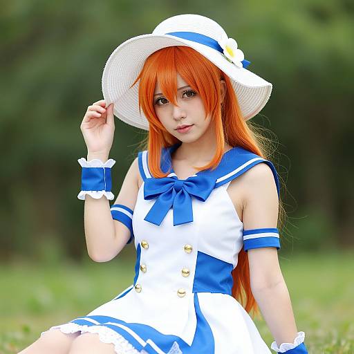 Photograph of an anime-style woman with long orange hair, wearing a white and blue sailor-style dress, hat, and wristbands, sitting outdoors with