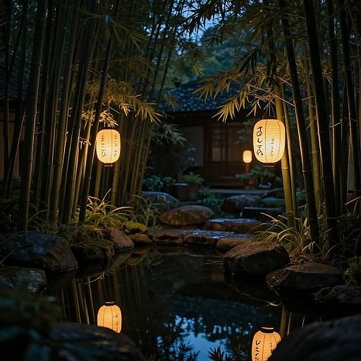 Photograph of a serene Japanese garden at night, illuminated by glowing lanterns hanging among bamboo stalks, reflecting in a calm pond with rocks.