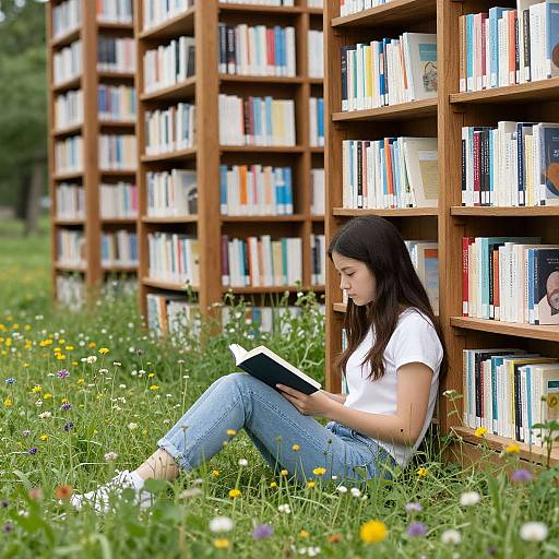 Photograph of a young woman with long brown hair, wearing a white t-shirt and blue jeans, sitting on grass, reading a book, against tall