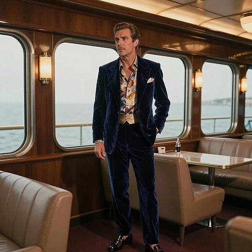 Photograph of a handsome man in a dark navy velvet suit, patterned shirt, and pocket square, standing in a luxurious, wooden-paneled cruise