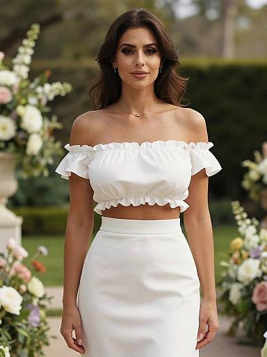 Photograph of a dark-haired woman in an off-shoulder white crop top and high-waisted white skirt, standing in a floral garden.