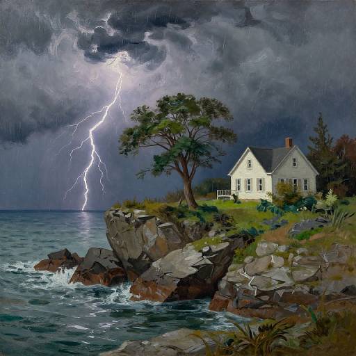 Stormy night painting: Bright lightning strikes over a rocky coastline with a white house, large tree, and turbulent sea waves.