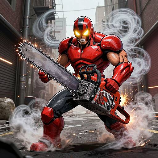 Digital artwork of a muscular, red and black armored superhero with glowing eyes, wielding a chainsaw, surrounded by smoke, in an urban alley.