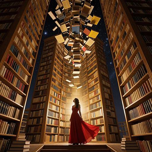Digital artwork of a silhouetted woman in a flowing red dress standing before towering bookshelves, illuminated by glowing books floating above.