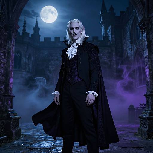 White-Haired Vampire in Gothic Courtyard