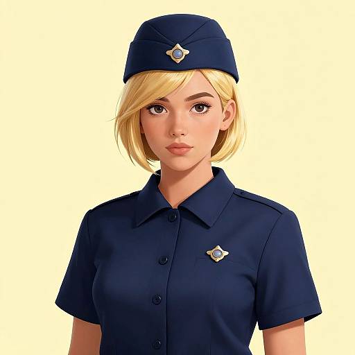 Digital illustration of a blonde female airline stewardess in a navy uniform, short-sleeved shirt, and matching cap with a silver emblem, set against