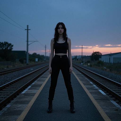 Photograph of a dark-haired woman in black crop top and pants standing on railroad tracks at dusk, blue sky background.