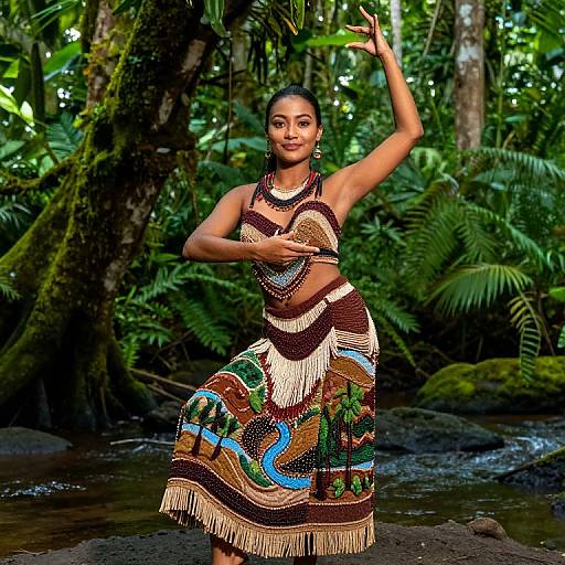 Photograph of a smiling, dark-skinned woman in a colorful, patterned, fringed dress, dancing in a lush, green jungle stream.