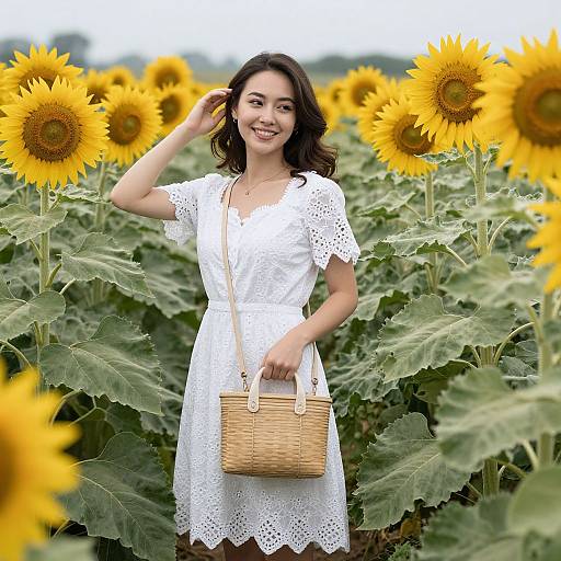 Woman in White Dress in Sunflower Field