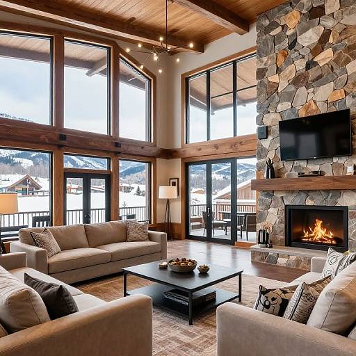 Photograph of a modern, mountain-view living room with large windows, stone fireplace, wooden ceiling, beige sofas, black coffee table, and a roaring