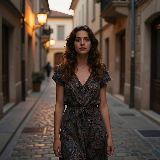 Photograph of a young woman with wavy brown hair, wearing a patterned dress, standing in a cobblestone alleyway at dusk, with
