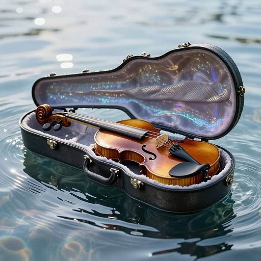 Photograph of an open violin case with a violin floating on rippling water, the case's interior reflecting sunlight.
