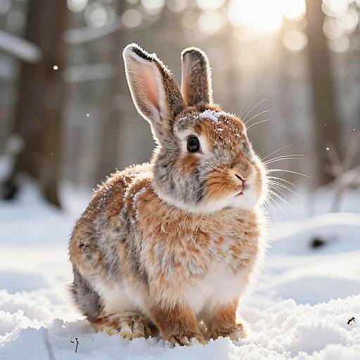 Photograph of a fluffy, brown and white rabbit with upright ears, sitting in a sunlit snowy forest, sparkling sunlight in background.