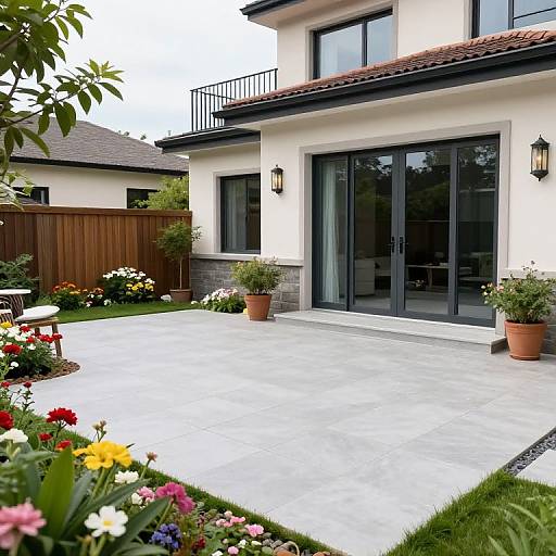 Photograph of a modern white house with black-framed glass doors, concrete patio, colorful flower beds, potted plants, and a wooden fence.