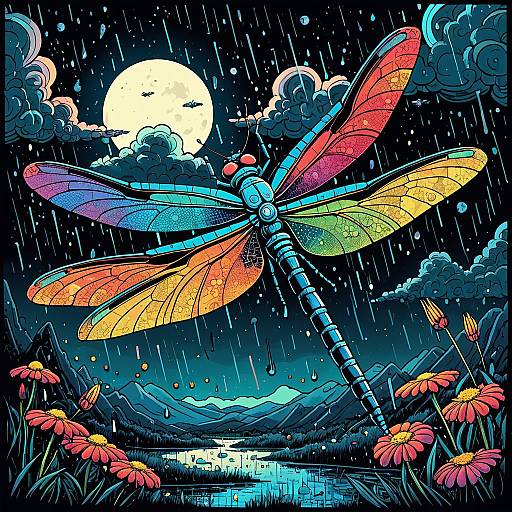 Mechanical Rainbow Dragonfly in Moonlit Rain