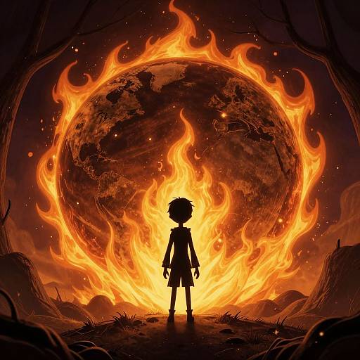 Magical Child Silhouette Amid Fiery World