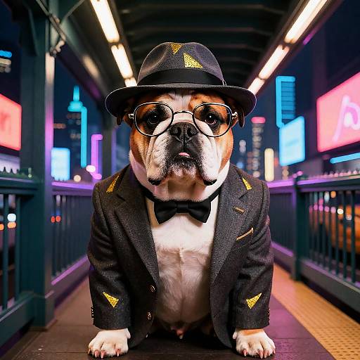 Charismatic Bulldog Gentleman in Neon Subway