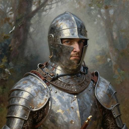Photorealistic painting of a serious male knight in silver, slightly weathered armor, with a reflective helmet, standing in a misty forest.