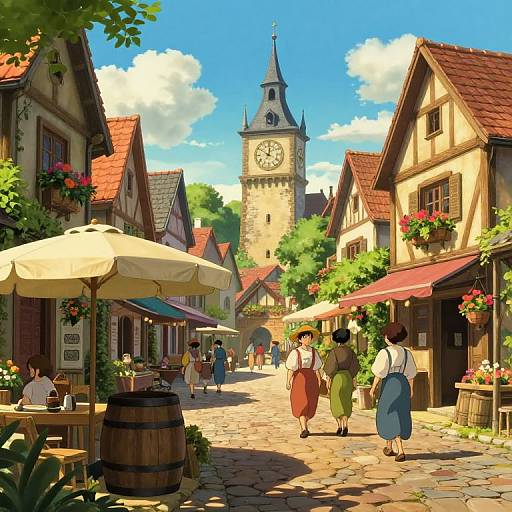 Colorful digital illustration of a quaint European street with wooden buildings, flower boxes, umbrellas, and people walking, leading to a tall clock tower under