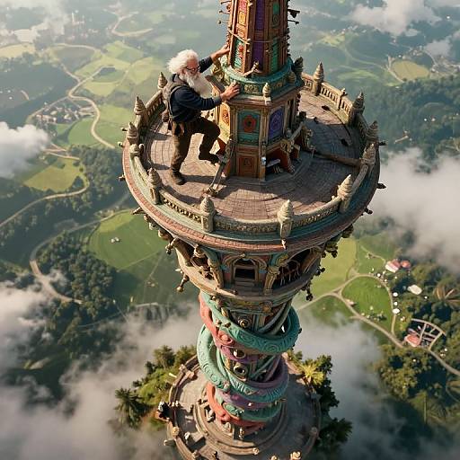 Aerial CGI of a tall, ornate, fantasy tower with a bald man repairing its top, surrounded by lush green countryside and clouds.