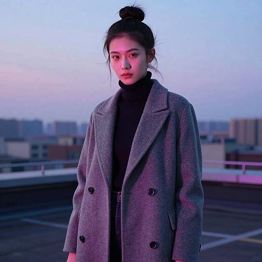 Woman in Wool Overcoat on Rooftop at Dusk