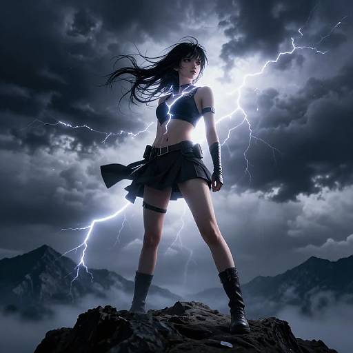 Digital artwork of a fierce, black-haired woman with lightning bolts, wearing a black crop top, skirt, and boots, standing on a rocky mountain peak