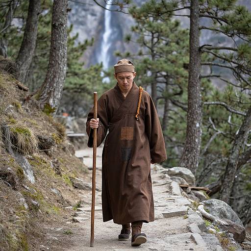 Photograph of a young Asian man in a brown traditional robe and headband, holding a wooden staff, walking a forest path with a waterfall in the