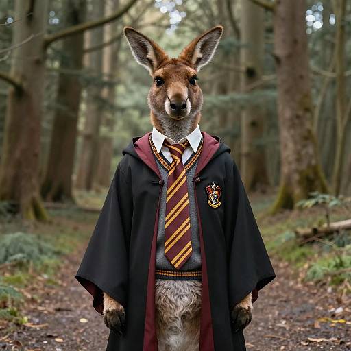 Kangaroo in Gryffindor Attire in Forest