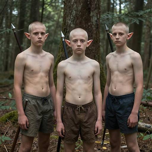 Three Bald Boys with Weapons in Nature