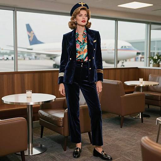 Photograph of a confident, fair-skinned woman in a dark navy flight attendant uniform with a colorful floral blouse, standing in an airport lounge with large