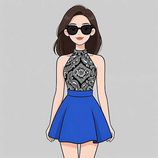 Digital illustration of a stylish woman with straight black hair, wearing black patterned halter top, blue skirt, and black sunglasses.