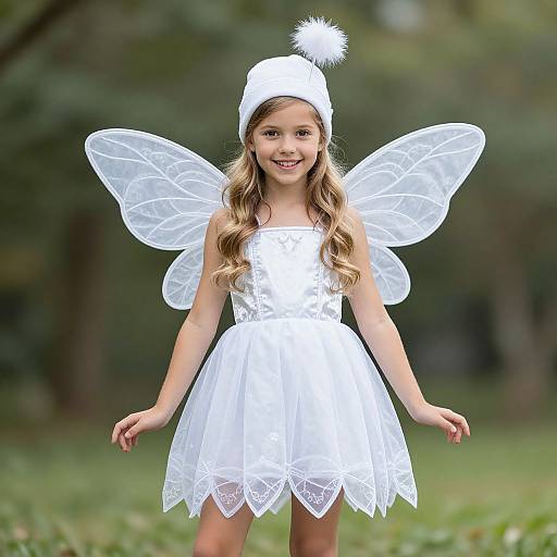 Photograph of a young girl with long brown hair, wearing a white fairy dress, wings, and hat, smiling outdoors.