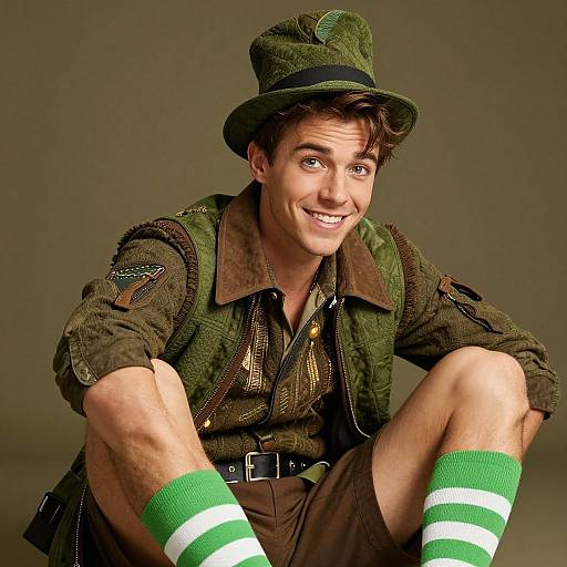 Photograph of a smiling young man in a green military-style outfit, green hat, brown shorts, and green and white striped socks, kneeling against a
