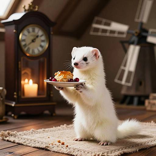 White Ermine Holding Plate with Honey Scone